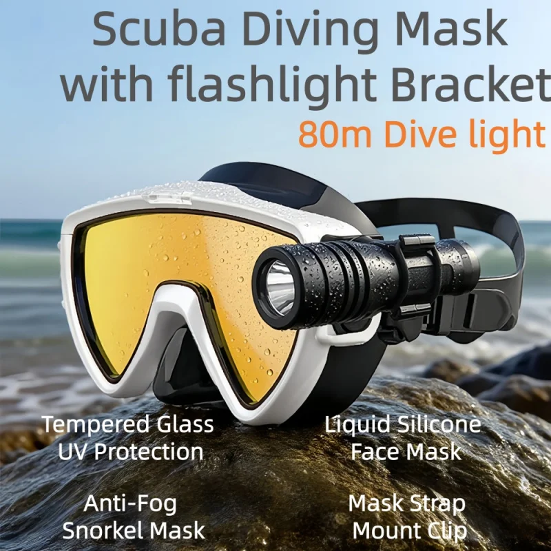 

Waterproof Dive Snorkel Mask with 80m flashlight Holder,UV Protection Coating,Anti-Fog,Deep Sea Diving Free Dive Mask