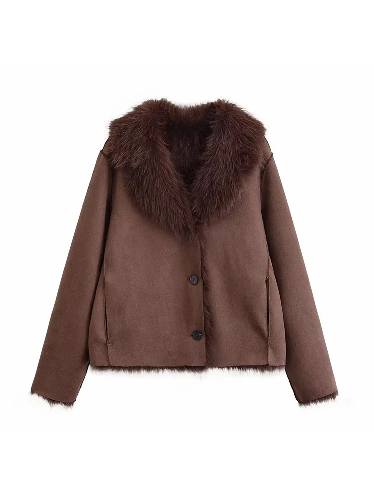 Women Autumn Winter New Faux Fur Jacket for Women Fashion Reversible Fur Effect Lapel Long Sleeved Short Coats Chic Ladies Top
