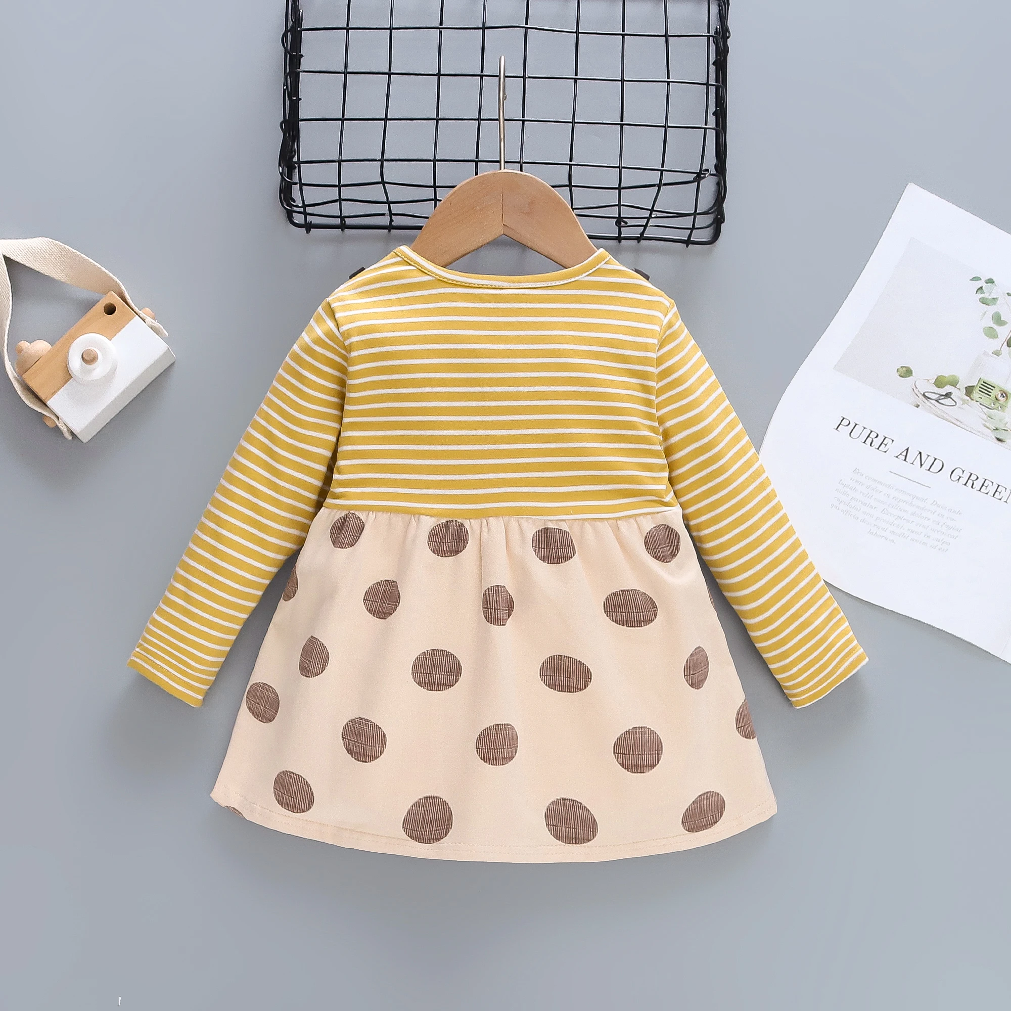 Girls\' Spring and Autumn Long sleeved Dress Baby Stripe Spliced Large Round Dot Fake Two Piece Children\'s Bow Dress