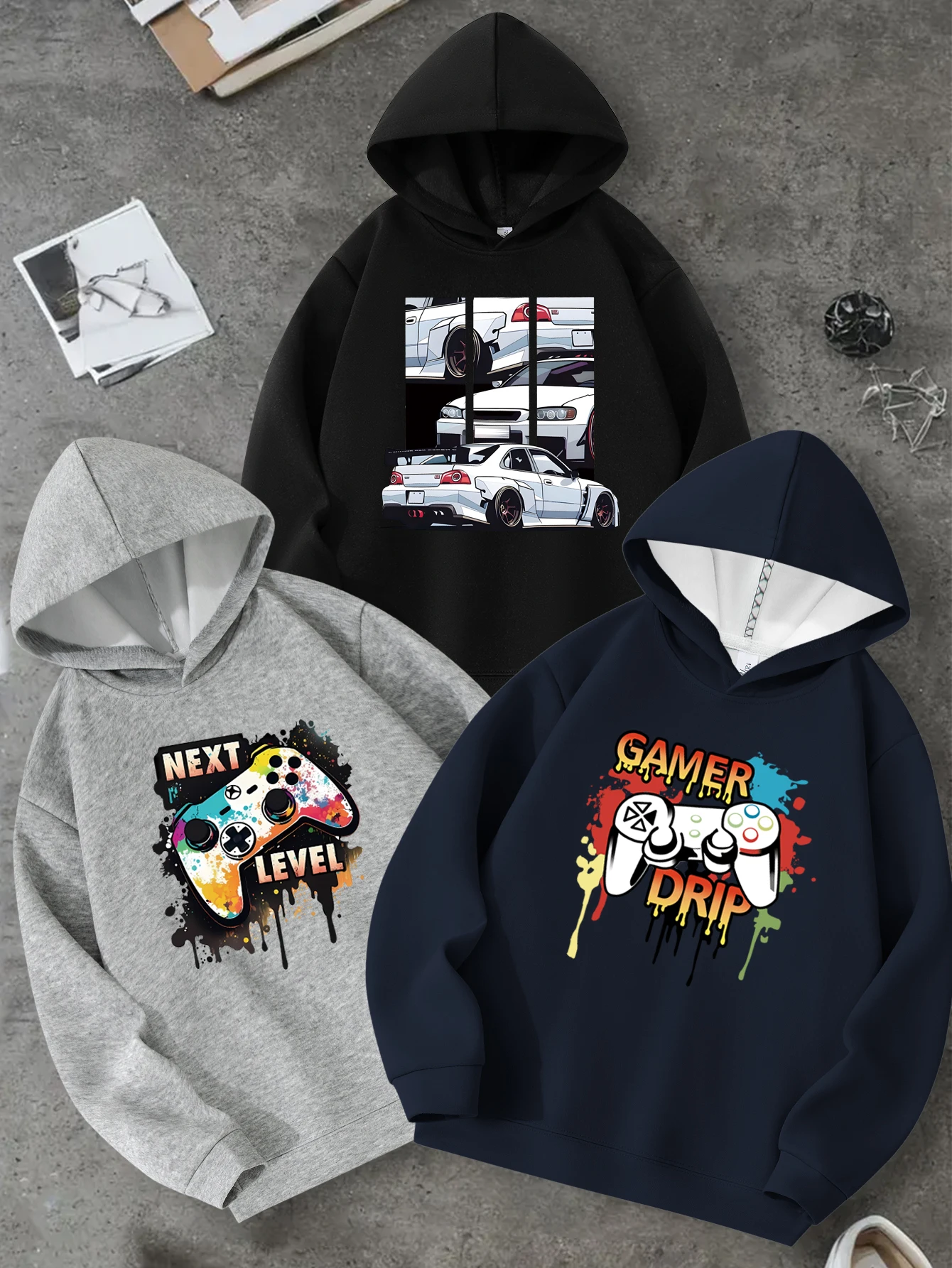 

Boys' hoodie sweatshirt; fashion printed pattern; children's top; wearable outerwear autumn 3-piece set.