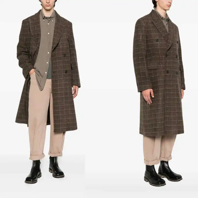 

Plaid Man Overcoat Woolen Blend Mid-Long Thickened Style Double Breasted Slim Windbreaker Jacket Winter Outwear Warm Man Clothes
