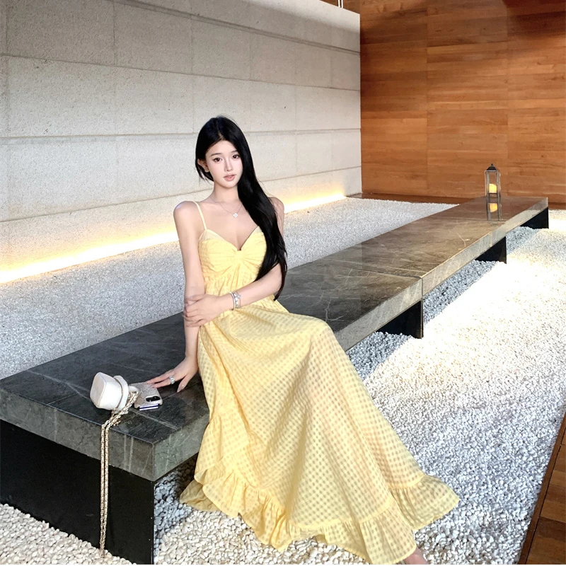 Gidyq สีเหลืองลายสก๊อตวันหยุดชุดผู้หญิงเซ็กซี่ชายหาด Backless Camis ฤดูร้อน Chic ไม่สม่ําเสมอสปาเก็ตตี้ Vestidos ใหม่
