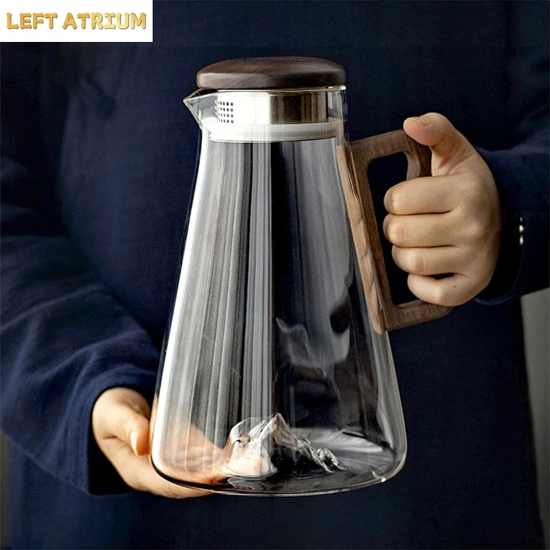 Large Capacity 2000ML Glass Cold Water Jug Heat Resistant Water Pot With Wooden Handle Filter Lid Juice Glass Pitcher Bottle