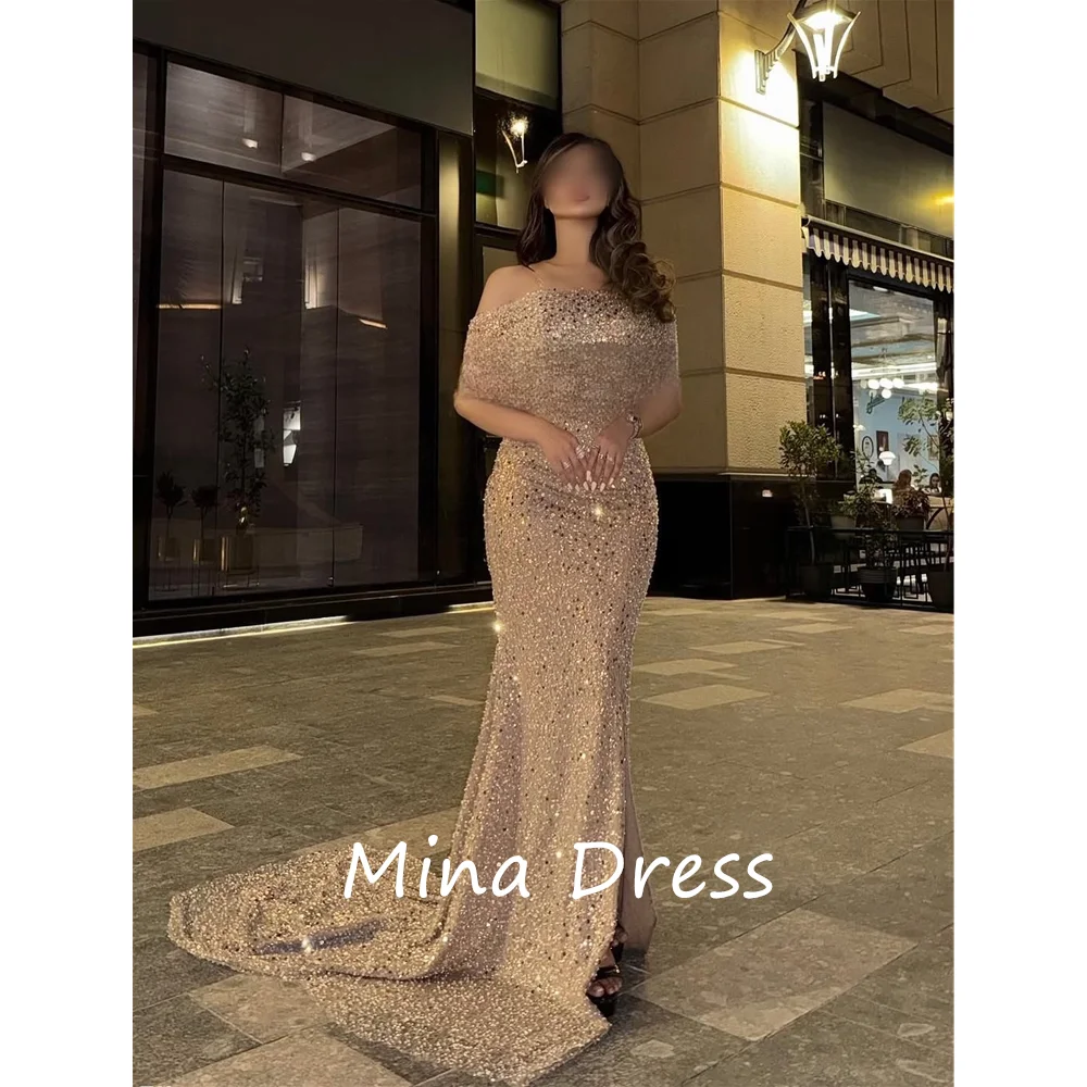 

Mina Индивидуальные новые стильные европейские и американские вечерние платья, женское повседневное модное платье с боковым разрезом и блестками