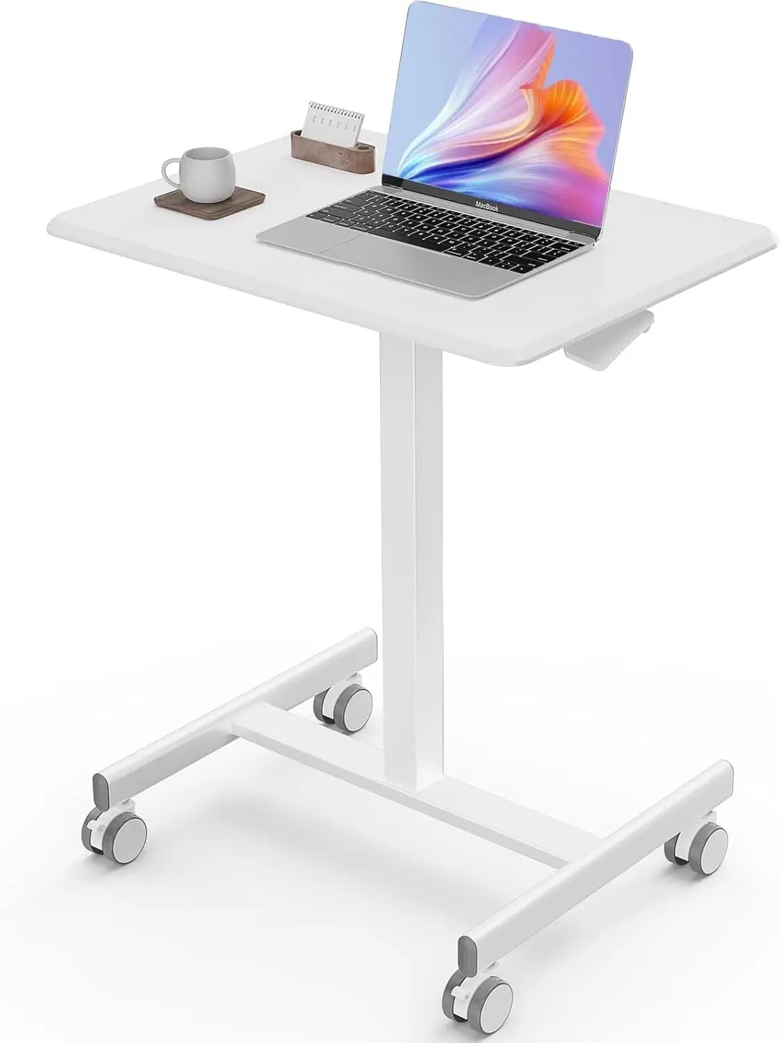 

Portable Adjustable Height Rolling Laptop Desk with Lockable Wheels, White - Sit Stand Workstation