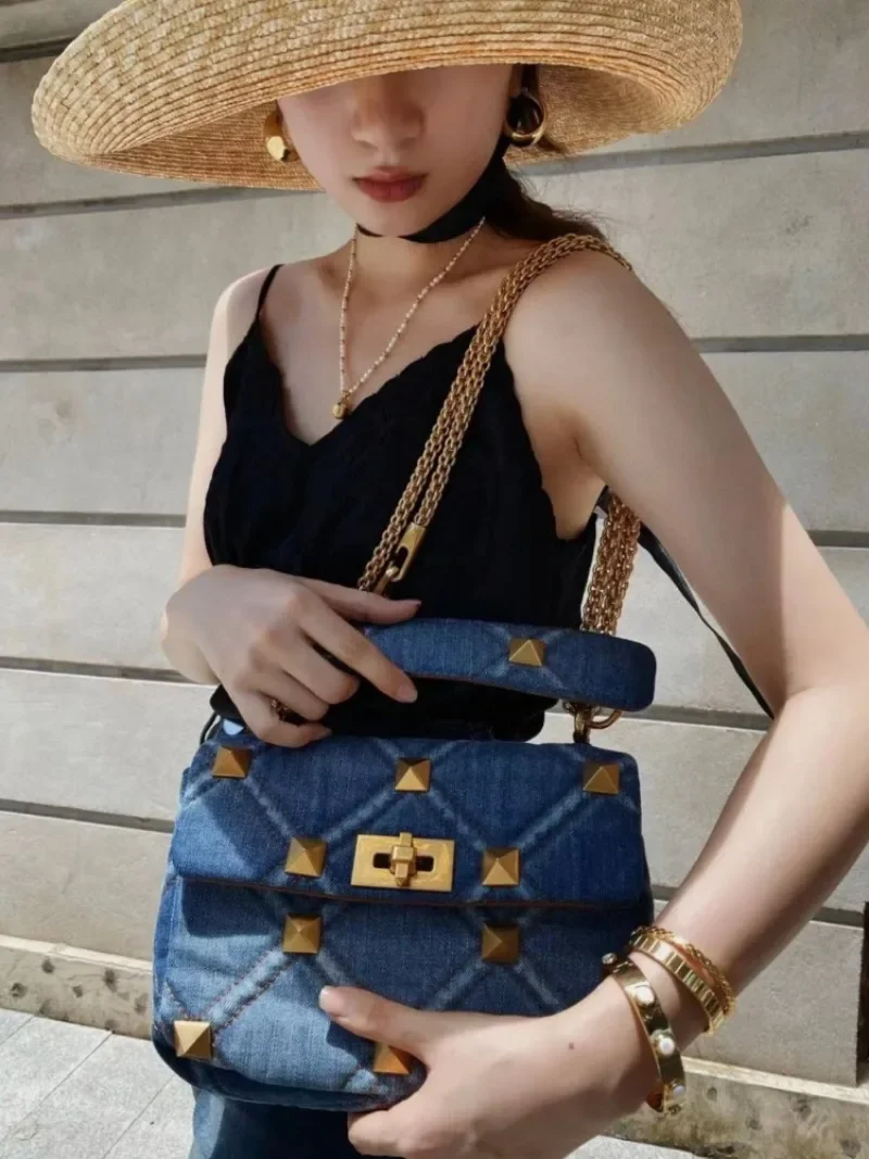 Denim Rivet Chain Women Bags 2024 New Style Bag Fashionable and Versatile Square Lady Bag Single Shoulder Crossbody Bag Trendy