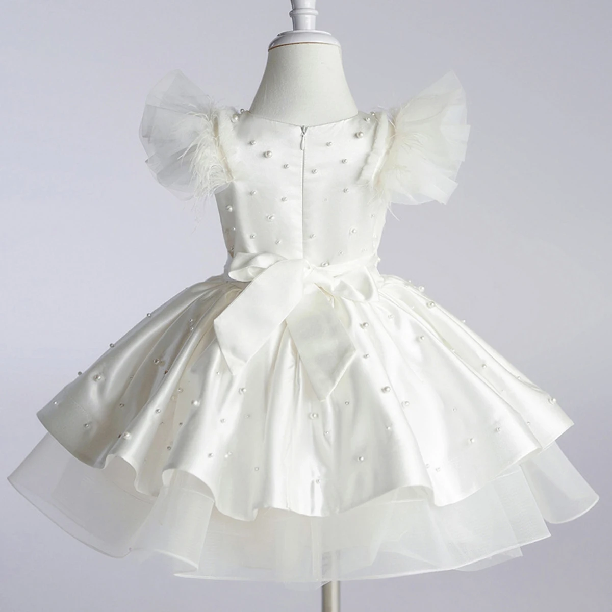 Grace Stylish Baby Girls Feather Flutter Sleeves Beaded Flower Girl Birthday Party Pageant Gown