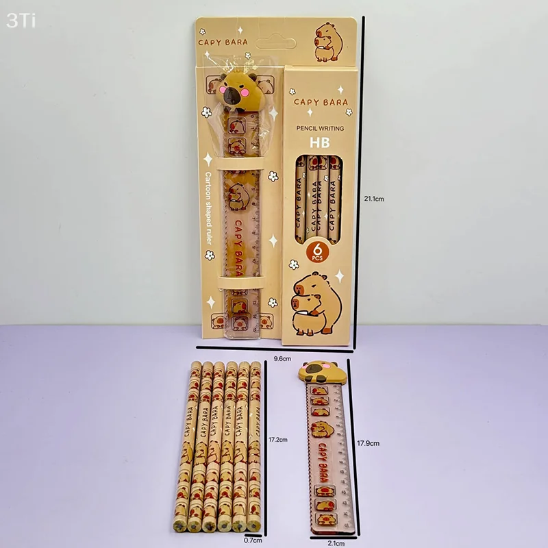 1 ชุดน่ารักนักเรียนเครื่องเขียนอุปกรณ์สํานักงานของขวัญวันเด็ก Capybara การ์ตูน Kawaii HB ไม้ดินสอไม้บรรทัด