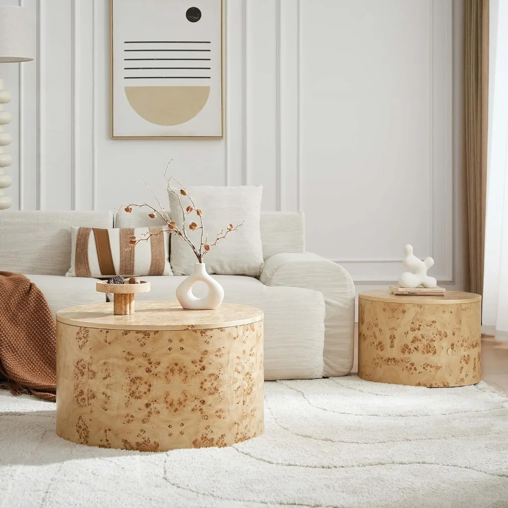 Juego de 2 mesas de centro anidadas modernas con acabado en madera Burl y patas ajustables