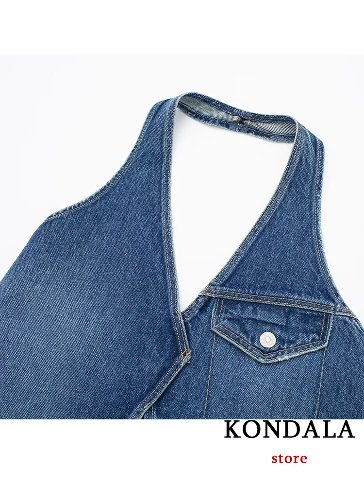 KONDALA Sexy Chic Women Tank Tops Solid Halter Pockets V-Neck Jag Cowboy Tank Tops New Fashion 2023 Spring Summer Mujer Tops