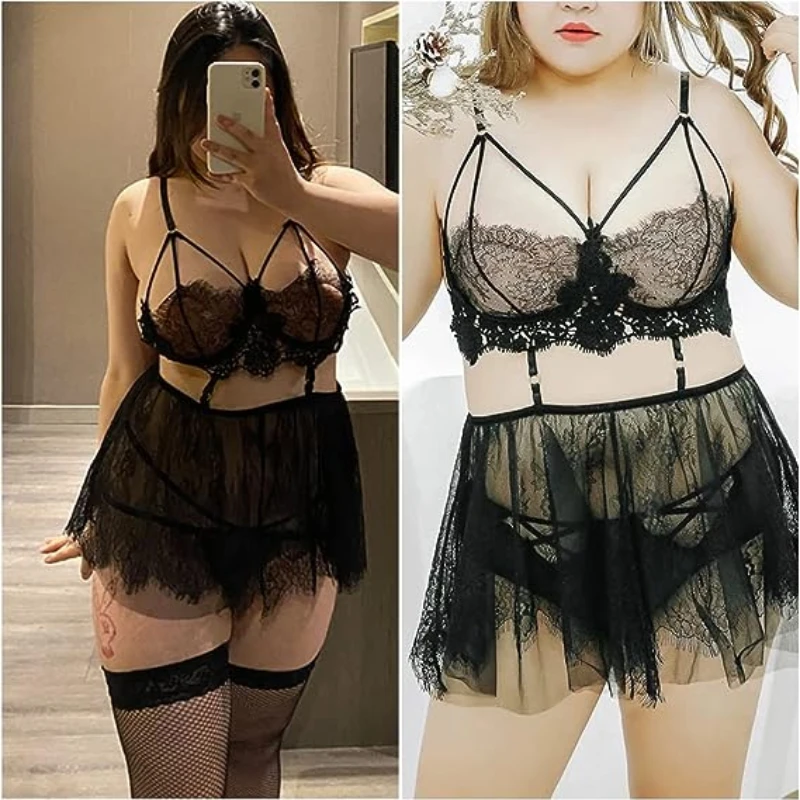 Plus Size Lingerie for Women Lace Black Babydoll Sexy Mesh High Waisted Nightdress Strappy Exotic Sleepwear See Through Clubwear