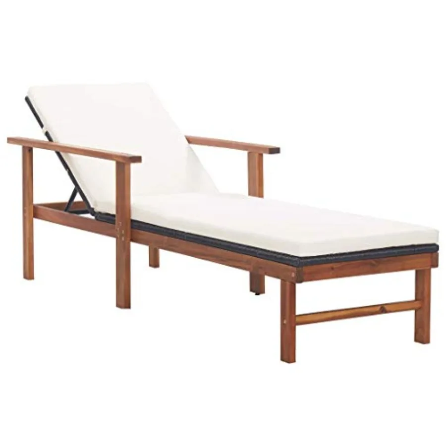 Sun Lounger with Cushion WeatherResistant PE Rattan and Solid Acacia Wood in Black with Cream Cushions for Outdoor Garden Patio