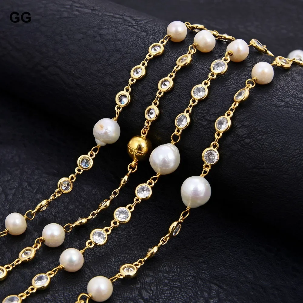 69'' Natural White Keshi Pearl Gold Plated Crystal CZ Chain Long Necklace