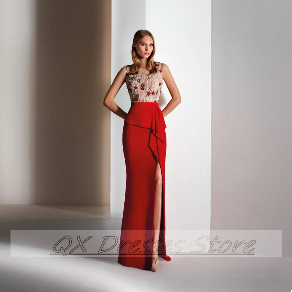 Red Rose Mother Of The Bride Dresses For Weddings 2022 Flower Appliques Mermaid And Side Slit Long Dress  Wedding Guest