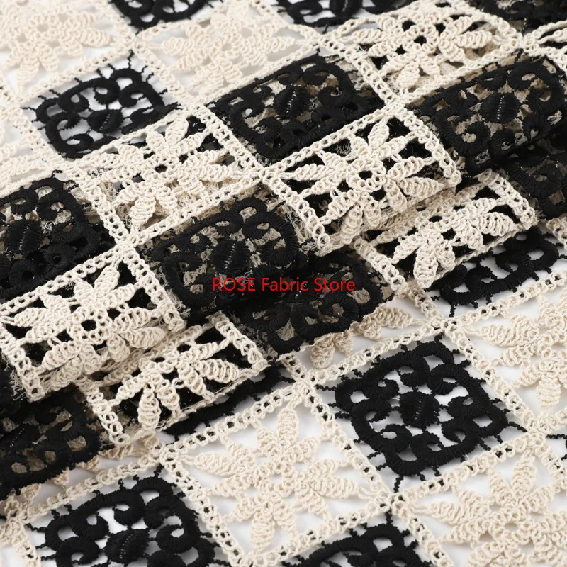 

1-ярдовая черно-белая клетчатая хлопковая ткань с вышивкой, водорастворимая полая ткань для изготовления одежды, дизайнерская ткань