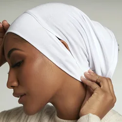 Mulheres muçulmanas algodão sob hijab boné com furo de orelha macio jérsei interior hijab boné redondo testa underscarf bonnet femme musulman