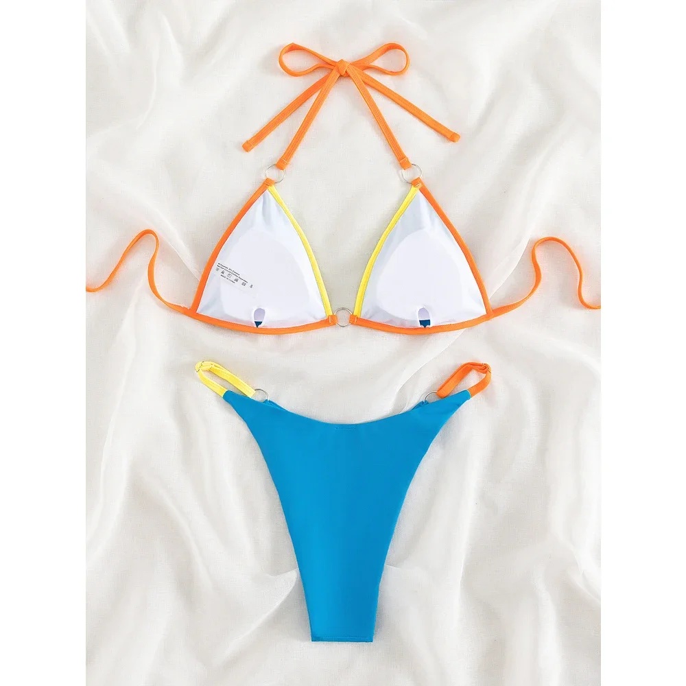 Costume da bagno patchwork blu arancione donna 2023 perizoma a vita bassa bikini a 2 pezzi triangolo coppa con scollo a V costume da bagno costumi da bagno costumi da bagno