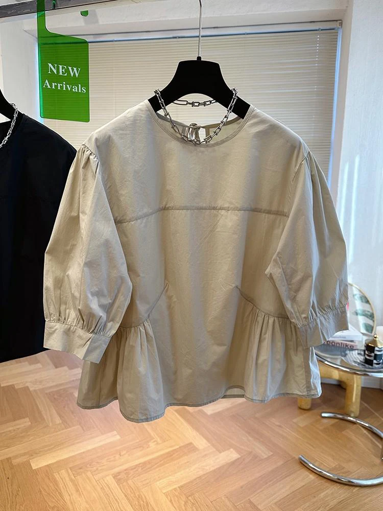 Summer Women Short Sleeved Casual Pullover Shirt Solid Color Fashion Commuting Round Neck Shirt Femme Chic Elegant Top Blouses