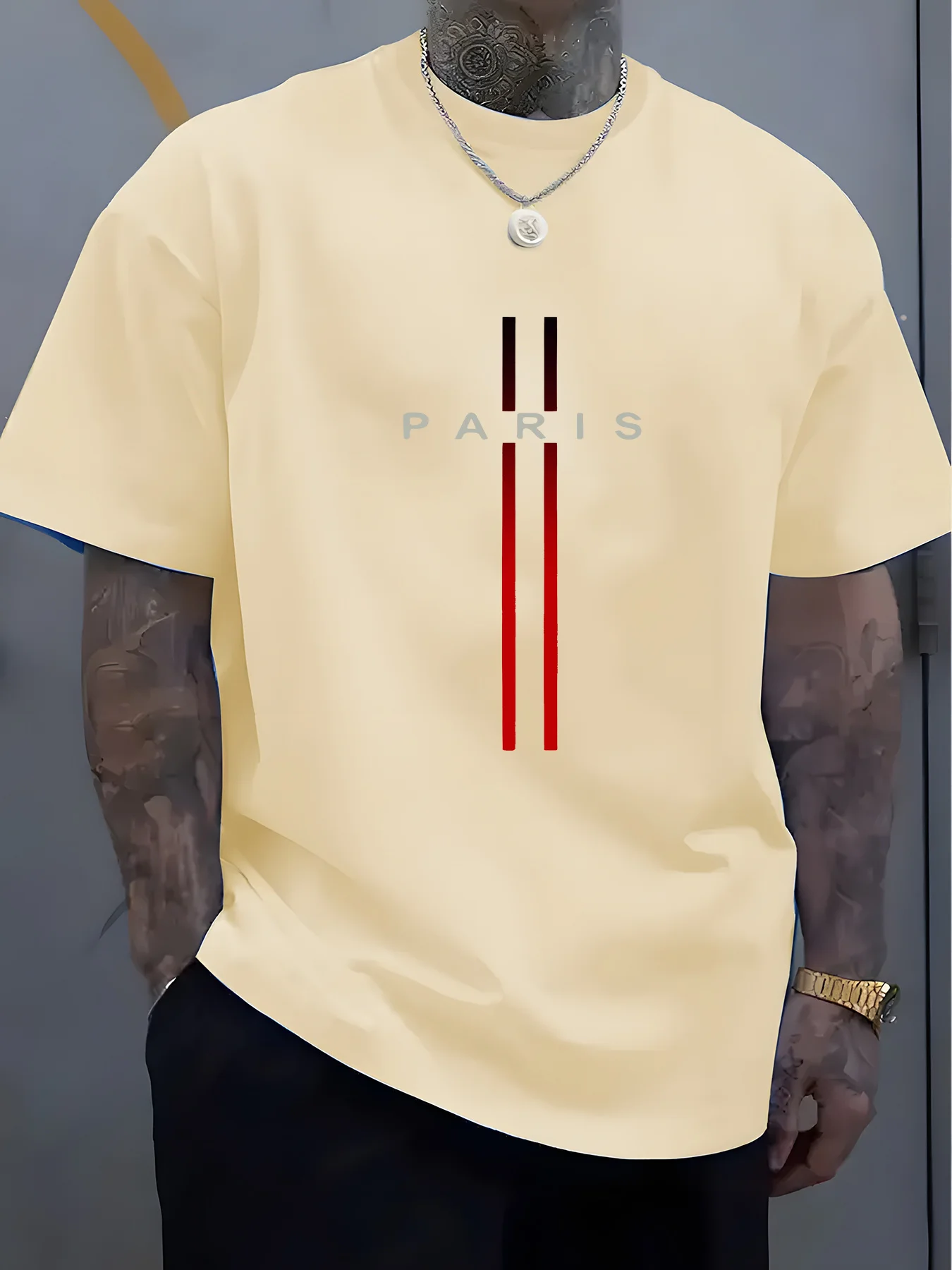 Summer men\'s 100% pure cotton casual loose fit plus size PARIS letter pattern printed round neck short sleeved T-shirt top