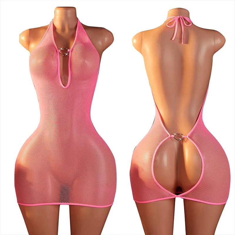 See Through Sexy Women's Pink Mesh Snug Dress Exotic Hollow Bodysuit Sexy Lingerie Deep V Hanging Neck Backless Erotic Costumes