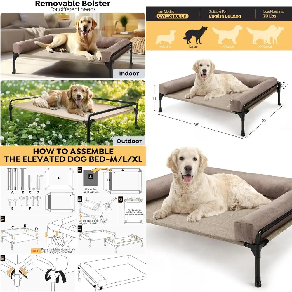 

Elevated Cooling Dog Cot Bed with Mesh & Removable Bolster for Large Dogs - Outdoor 3-Sided Fence, Beige Coffee, 35x22