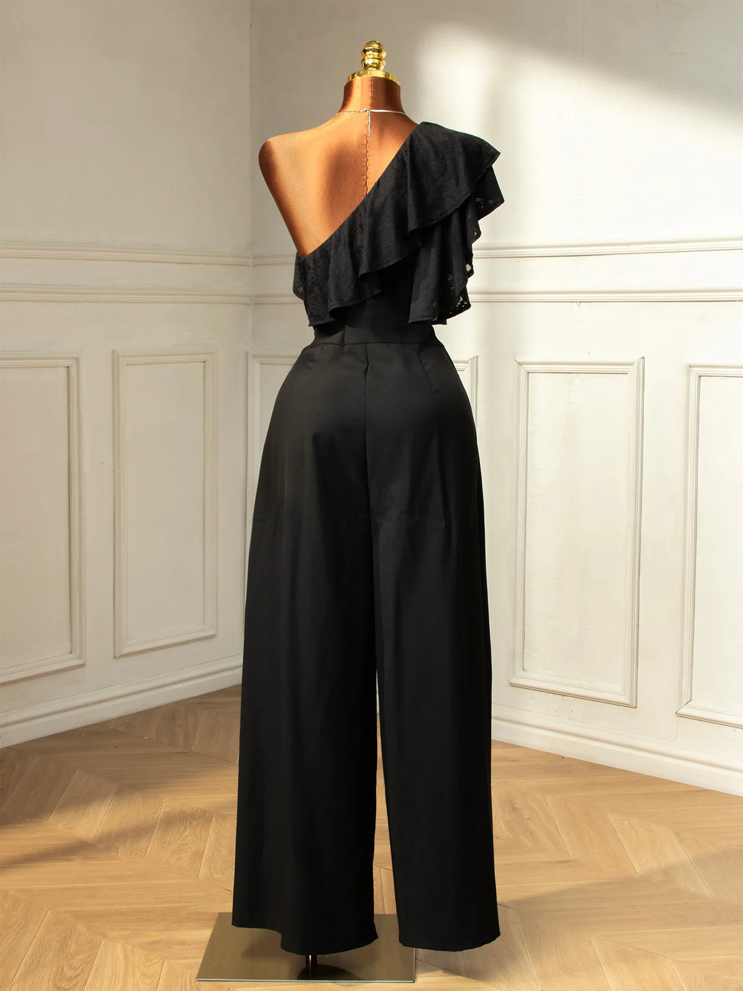 Women One Shoulder Jumpsuit Sleeveless Lace Trim Bodysuit Side Zipper Pants with Pockets Belt for Club Themed Party Daily Wear