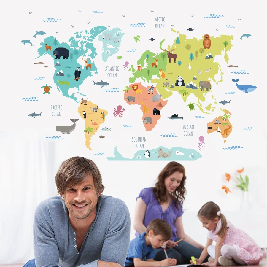 Kids room cartoon animal world map wall sticker self adhesive kindergarten school wall art decal