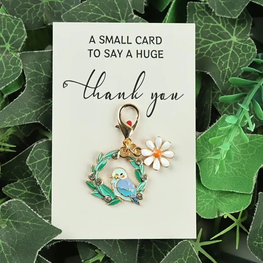 1/5/10/20/50/100pcs /s/s Cute Bird and Flower Keychain, with a Thank You Card, Creative Keychain Accessory for Coin Purses, Back