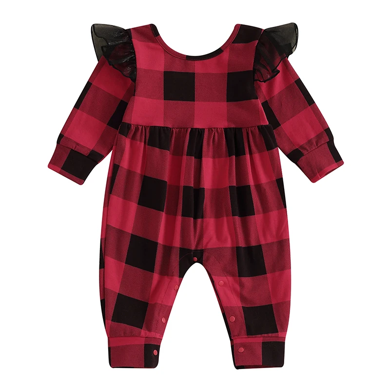 

Baby Girl Christmas Romper Plaid Print Long Sleeve Crew Neck Full Length Jumpsuit