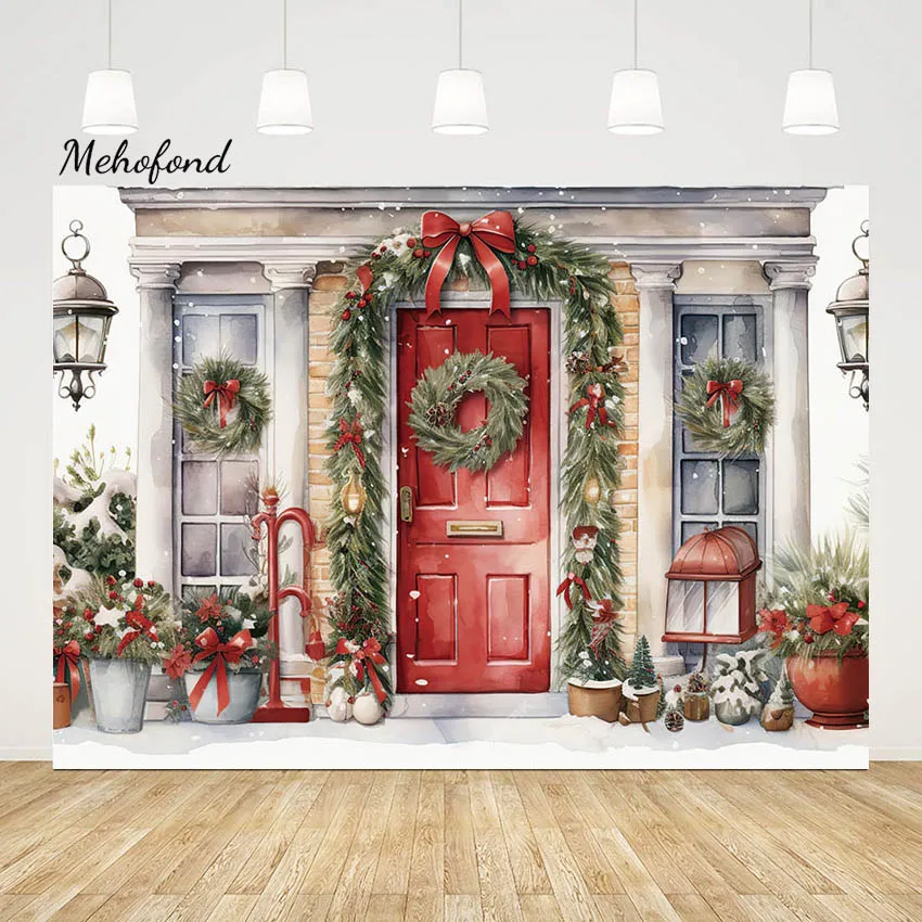 

Mehofond Christmas Red Wooden Door Photo Backdrop Xmas Wreath Window Photography Background Family Kids Portrait Photo Studio