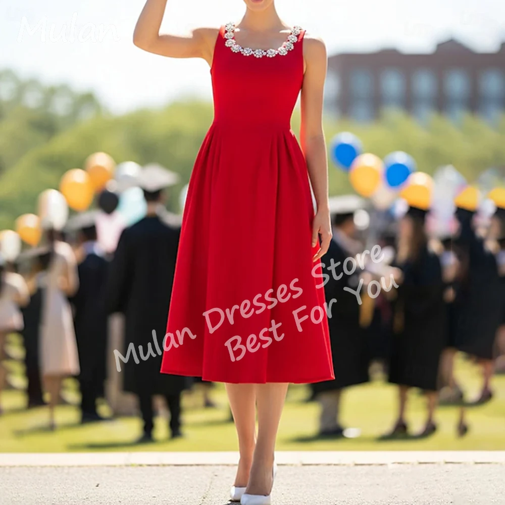 Robes de soirée trapèze personnalisées avec perles rouges élégantes pour événements spéciaux, col rond, dos nu, robe de bal d'anniversaire pour femme, 2026