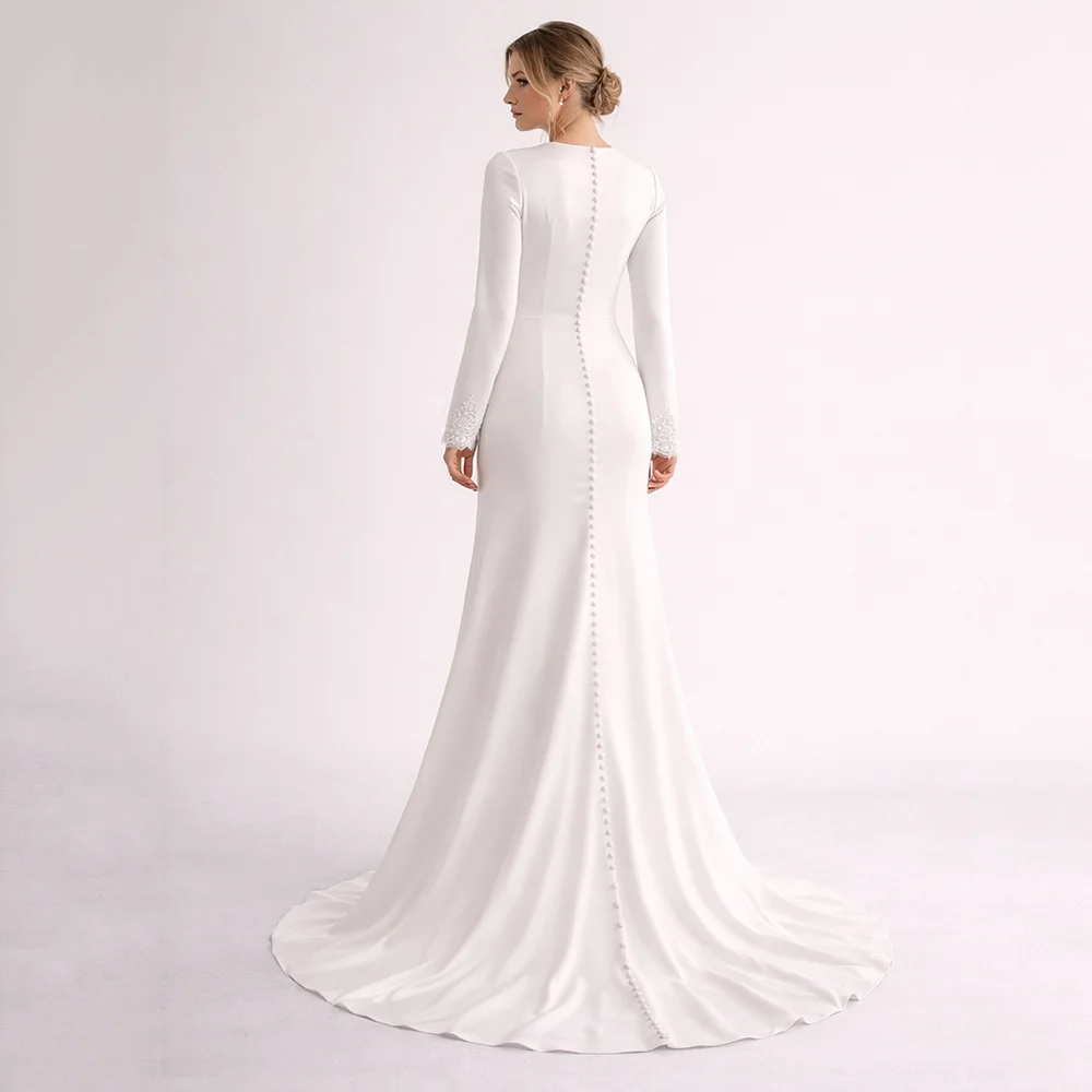 Muslim Wedding Dresses A Line Arabic Brides Dress O Neck Lace Long Sleeve Button Woman's Bridal Dress Wedding Gowns Customizd