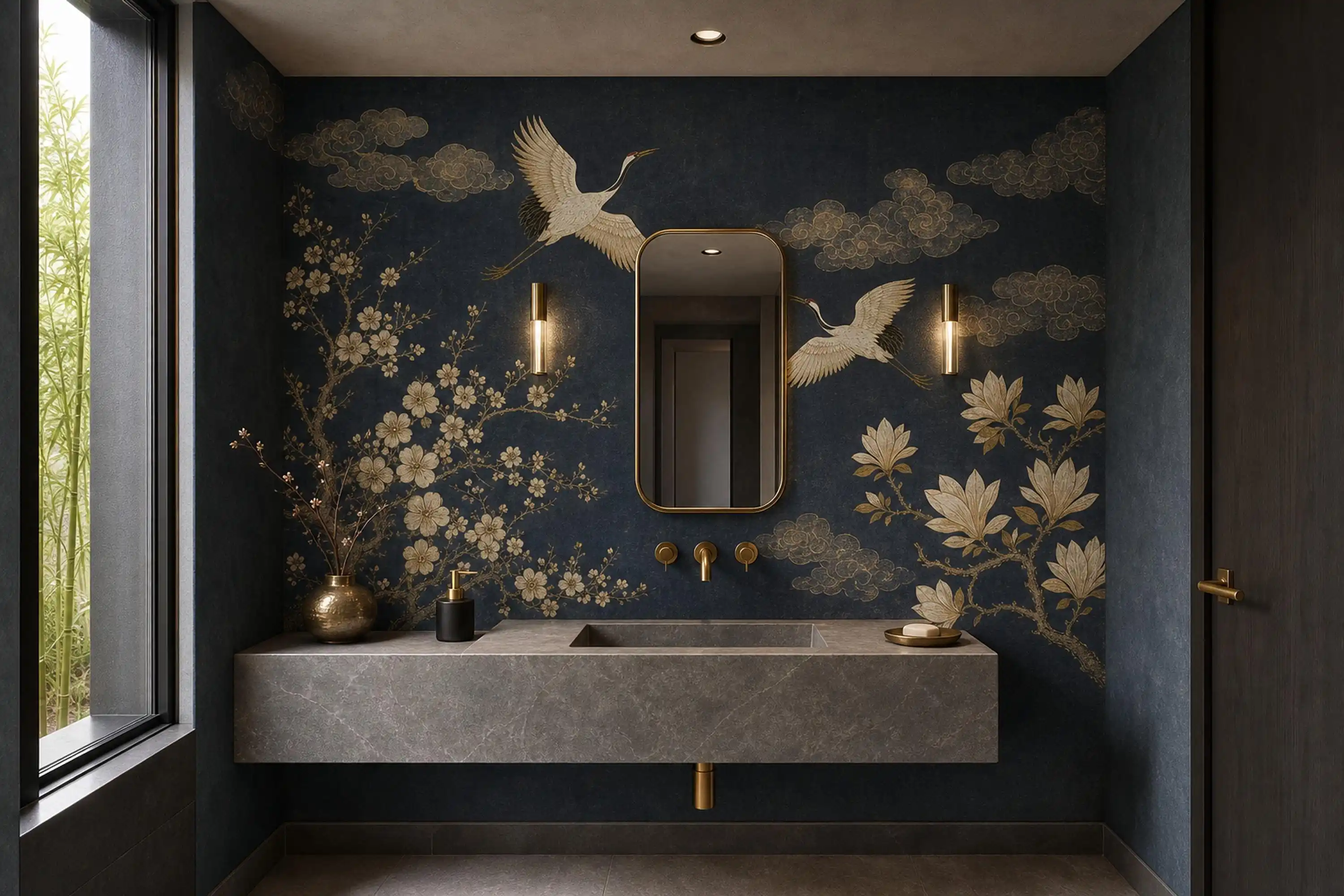 Dark Blue Gold Crane Chinoiserie Wallpaper Mural Vintage Floral Cloud Oriental Custom Wall Art for Living Room Bedroom 3d mural