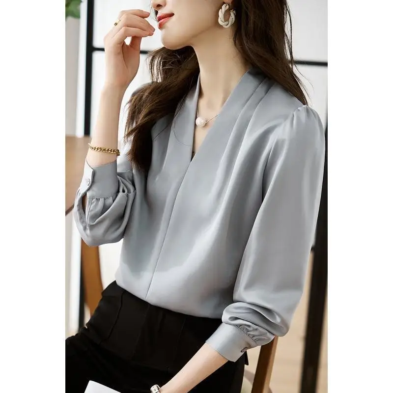 

Женская элегантная блузка с V-образным вырезом из шифона, свободная повседневная офисная рубашка с длинным рукавом, шикарный женский топ для вечеринок, осенняя модель