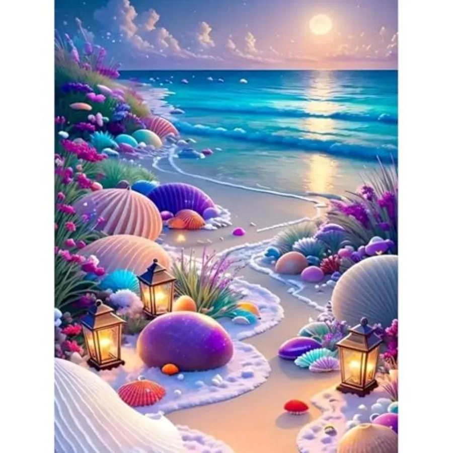 

Beach Diamond Painting Kits for Adults, 5D Seashell Diamond Art Kits for Beginners, DIY Full Round Drill Seashell Paint by Diam
