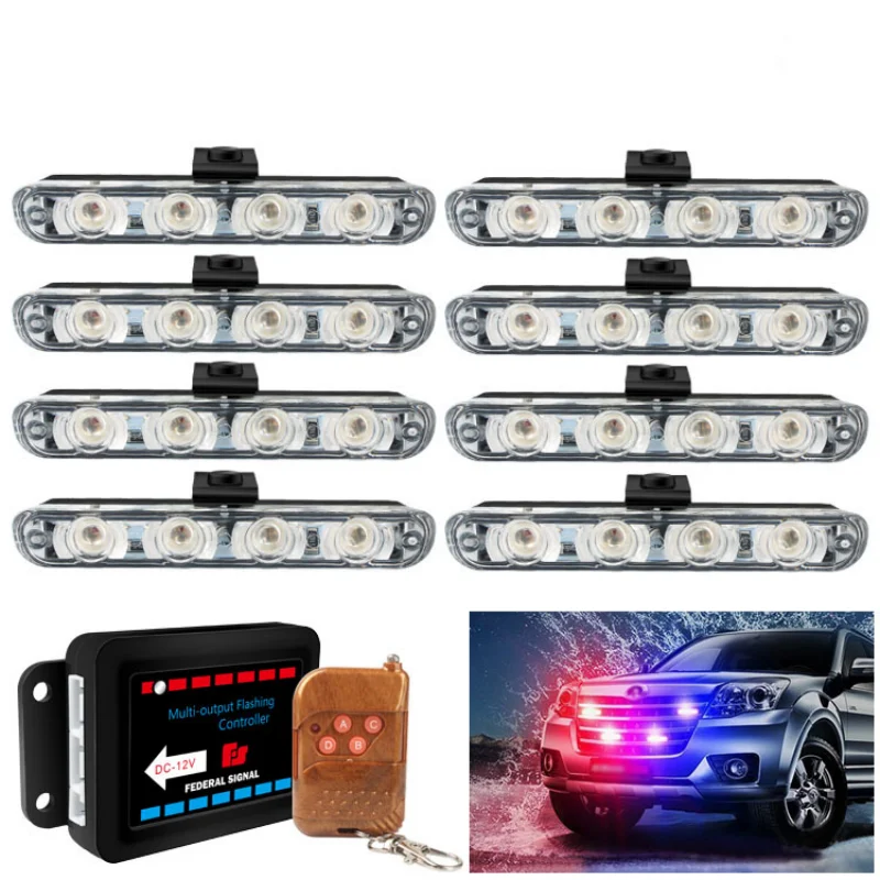 Car Modification Wired Remote Control 12V One Trailer Four Red Blue Grille Clip 16LED Ultra Bright High-power Burst Light