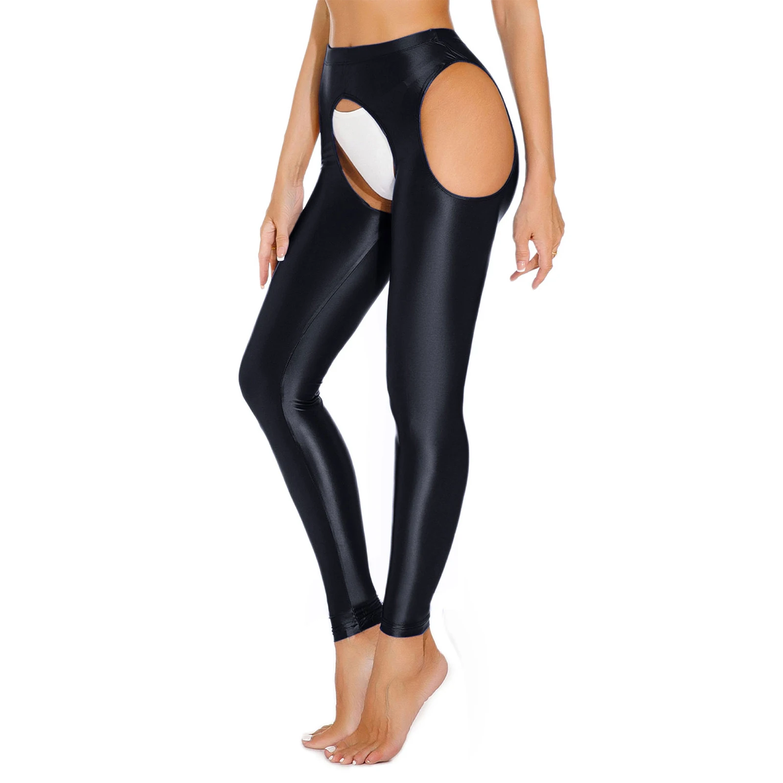 Damen glänzende glänzende hoch taillierte Ausschnitt Leggings mit offenem Schritt aushöhlen Schritt lose dehnbare Strumpfhose Bleistift hose lange Hose