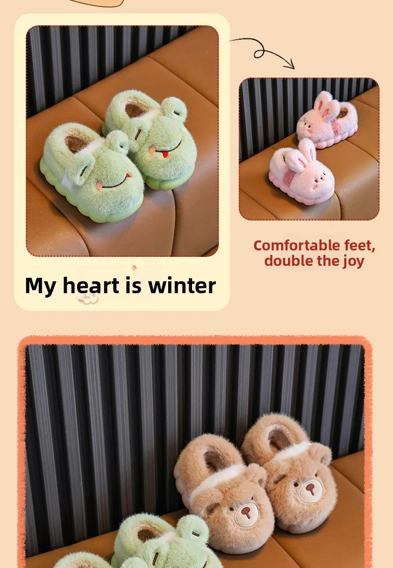 Winter-Kinder-Baumwollschuhe 2026 Neue Niedliche Tier-Plüsch-Hausschuhe für Mädchen, Kunstfell Rutschfeste Flache Hausschuhe für Jungen – Detail 17