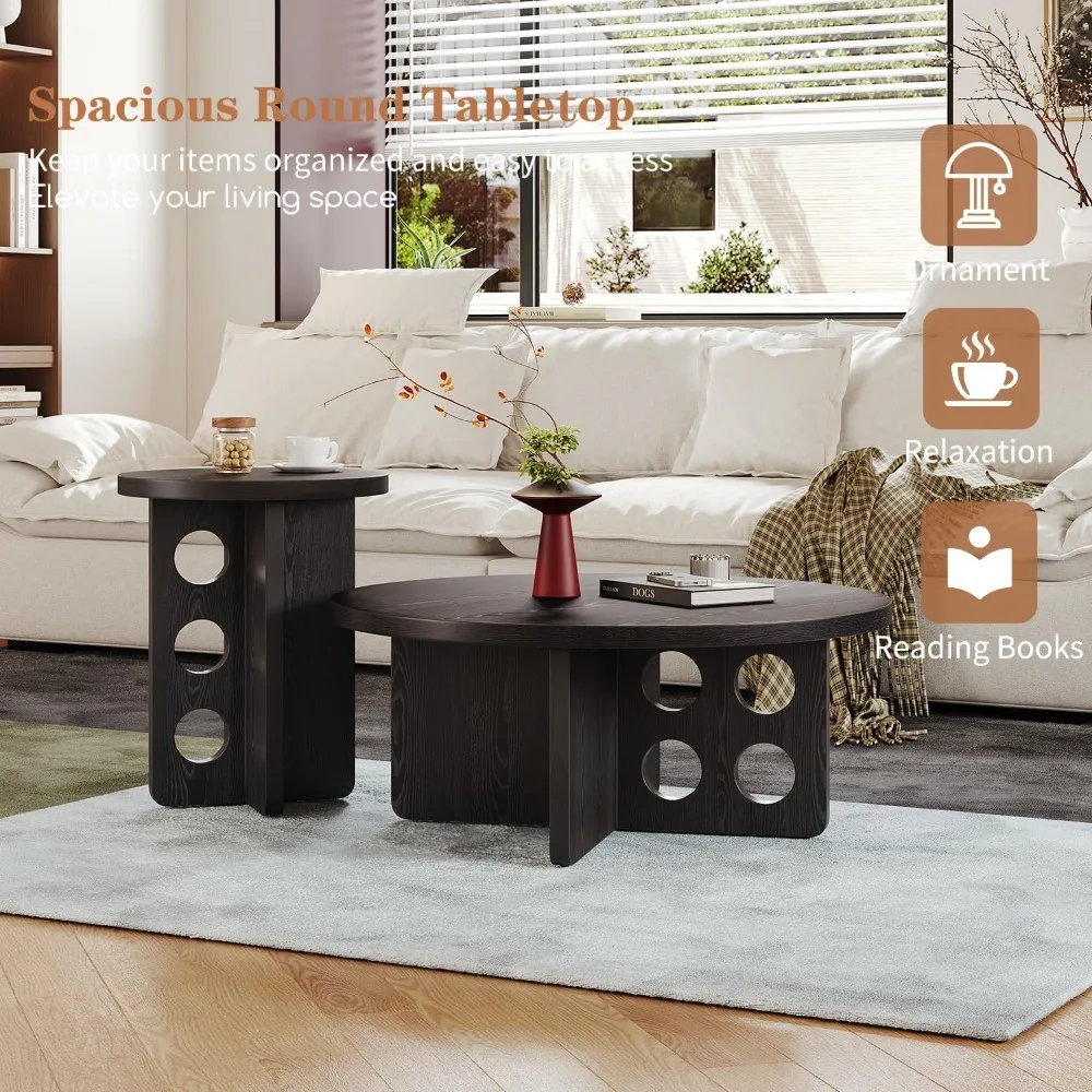 Nesting Coffee Table Set of 2, Modern Wooden Side Coffee Table for Small Space, Black Grain Top with Adjustable Non-S