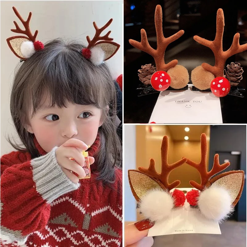 2pcs/Set  Christmas Elk Ear Hair Clip Women Girl Santa Snowman Hairpin Xmas Party Barrettes For Kids Kawaii Cosplay Headwear