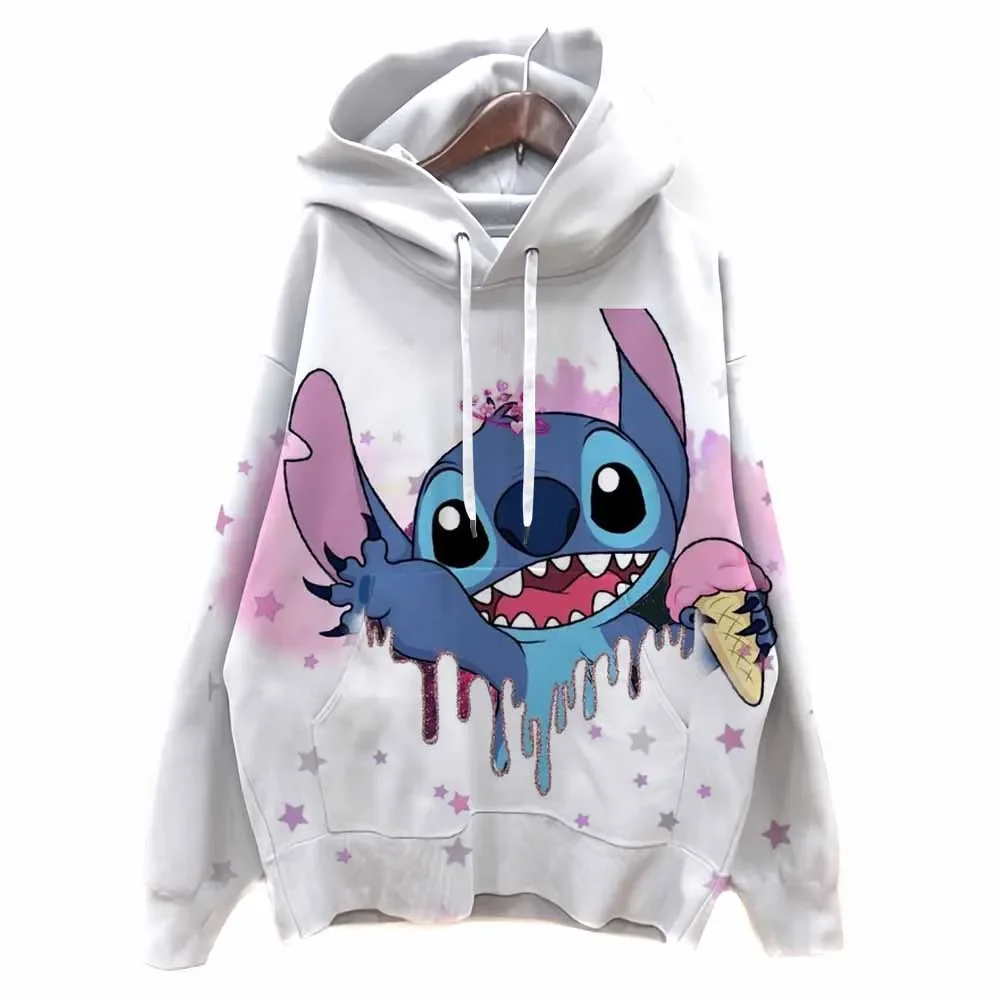 ディズニーステッチプリントスウェットパーカー女性ファッションストリート特大 O ネックパーカー原宿女性プルオーバー女性服