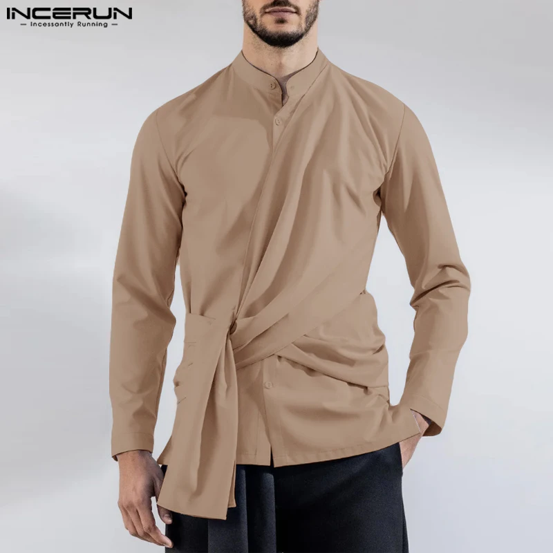 INCERUN Men Irregular Shirt Solid Color Lapel Long Sleeve Button Fashion Camisas Streetwear 2024 Personality Casual Men Clothing