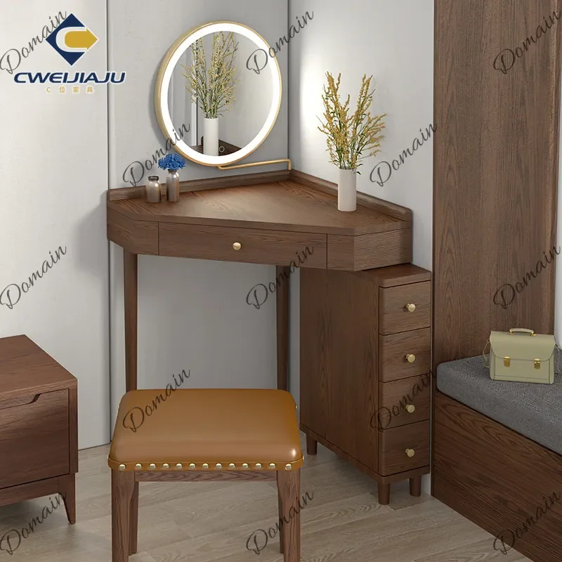 BJ Modern Oak Corner Vanity Desk With LED Lights, Solid Wood Makeup Table With Storage, Space-Saving Dresser For Small Bedroom