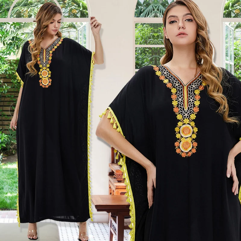 

Cross-Border Muslim Women's Dress European and American Middle Eastern Print Plus Size Loose Big Hem Islamic Robe