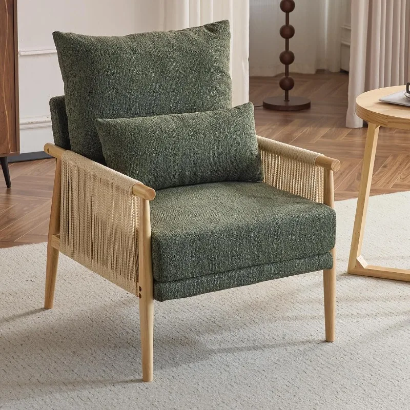 

Cozy Chenille Accent Chair with Lumbar Pillow & Rattan Arms Modern Lounge Chair for Living Room, Bedroom, Reading Nook, Green