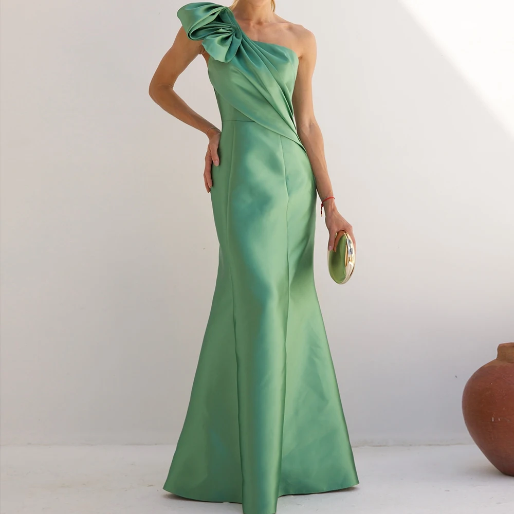 

Customized A-line Evening Dresses Floor-length One-shoulder Sleeveless Prom Gown Fashion Backless Lace-up Draped Party Gown