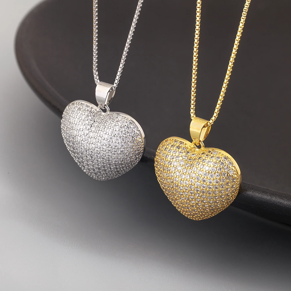 Nidin New Fashion Lucky Heart Shape Pave Shiny Crystal Zircon Pendant Necklace For Women Men Light Luxury Jewelry Accessories ﻿