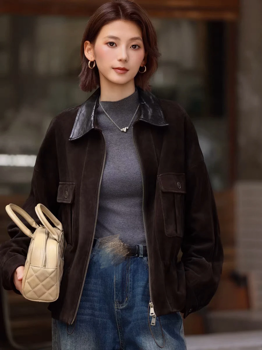 2025年冬ブランド キッズ スエードレザージャケット レディース 襟ポケット付き 100%シープスキン スリムフィットコート ベルト付き ブラックシャツ ベスト