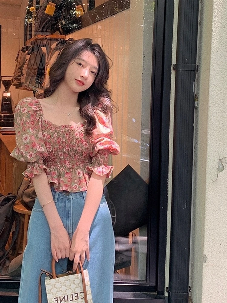 Sexy ort Bubble Sve Blumendruck Damen Top Sommer New Sle Fairy Aosphere Schneeflockenbluse Fem Faion Apparel