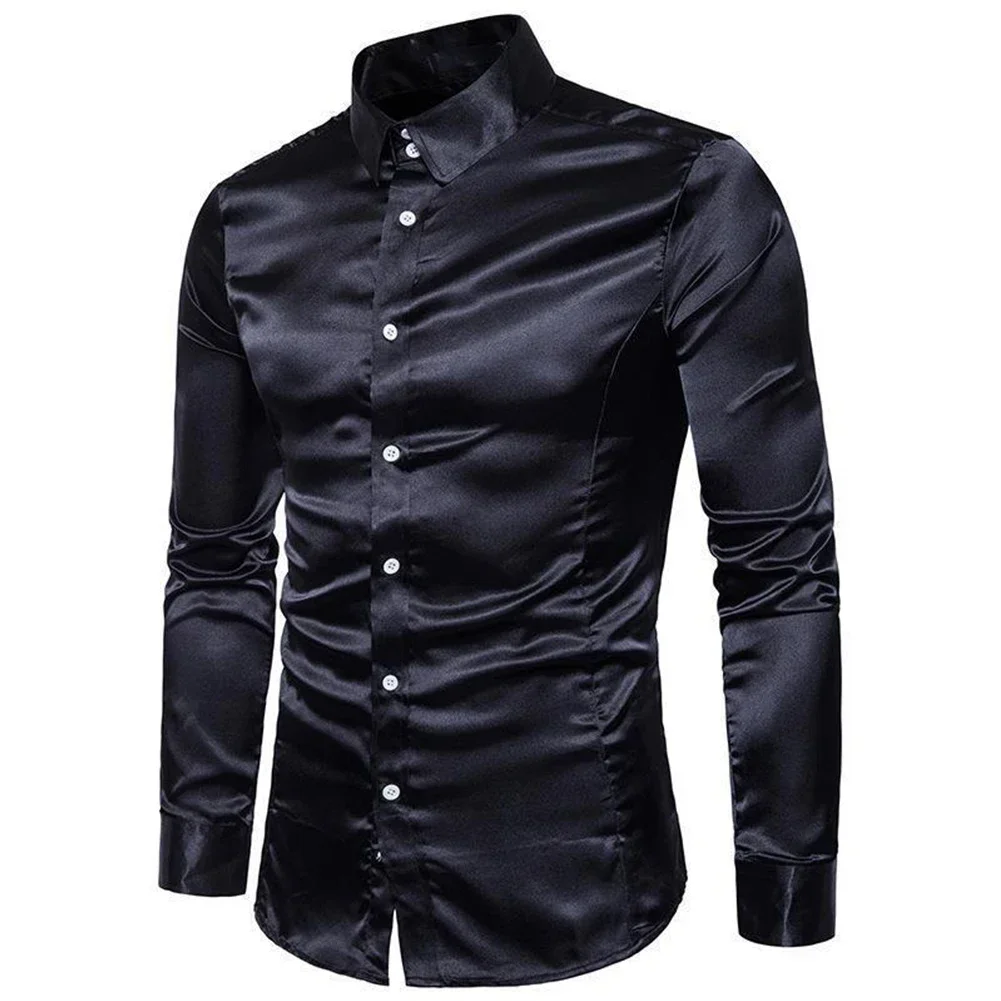 

Men Shirt Silk Satin Luxury Smooth Mens Solid Tuxedo Business Shirts Men Casual Slim Fit Blouse Shiny Gold Wedding Dress Shirts